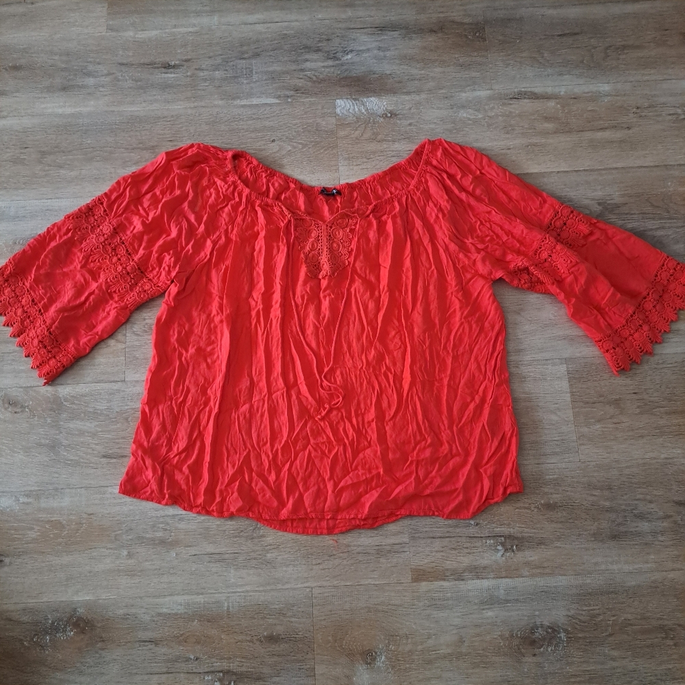 Rouge Collection Red Orange Hue Peasant Embroidered Blouse Woman's Top 2X
